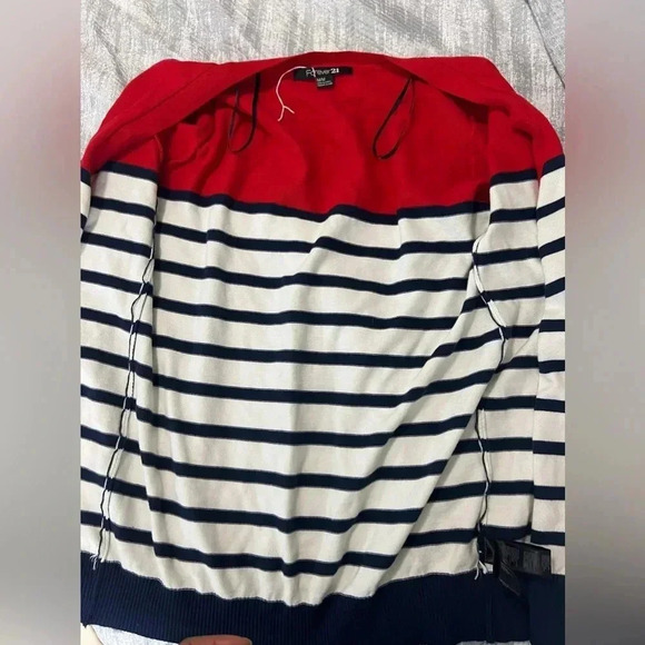 FOREVER 21 CARDIGAN SWEATER RED WJITE BLUE STRIPED BUTTON UP SIZE MEDIUM - Picture 5 of 8